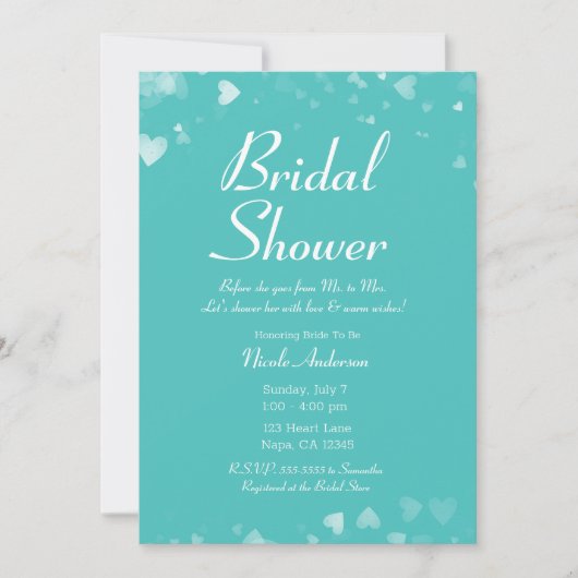 Invitation Turquoise Sarcelle & Cœurs Blancs Élégant Shower d (Devant)
