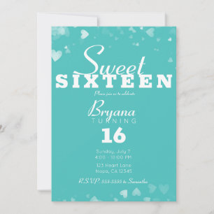 Invitation Turquoise Sarcelle & Cœurs Blancs Fête Chic Douce 
