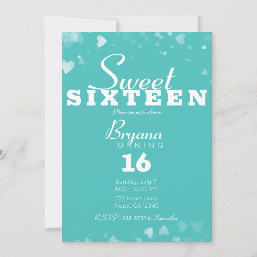 Invitation Turquoise Sarcelle & Cœurs Blancs Fête Chic et Dou (Devant)