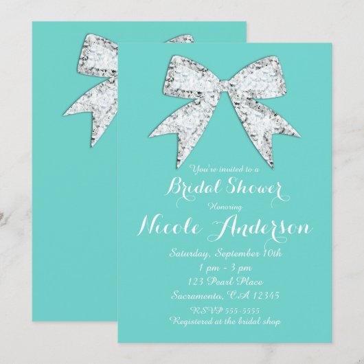 Invitation Turquoise Sarcelle Diamant Brillance Nœud Papillon (Devant / Derrière)
