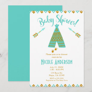 Invitation Turquoise Sarcelle & Or Tipi Baby Shower Moderne