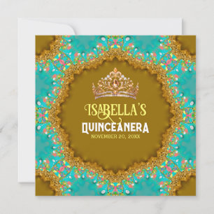 Invitation Turquoise Satin Doré Broderie & Diadème Quinceañer