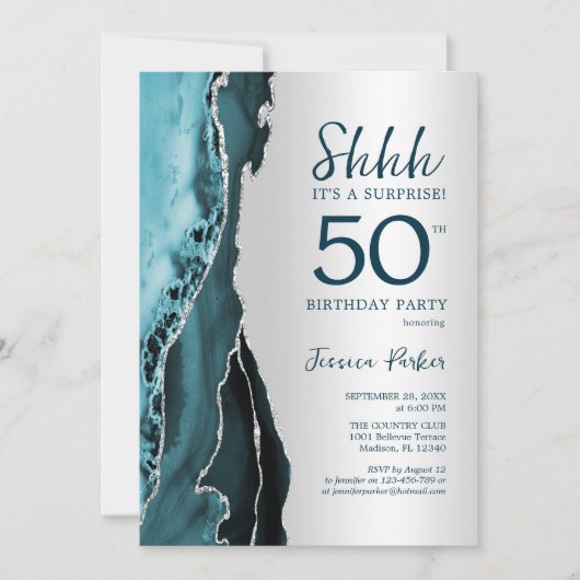 Invitation Turquoise Silver Agate Surprise 50e anniversaire (Devant)