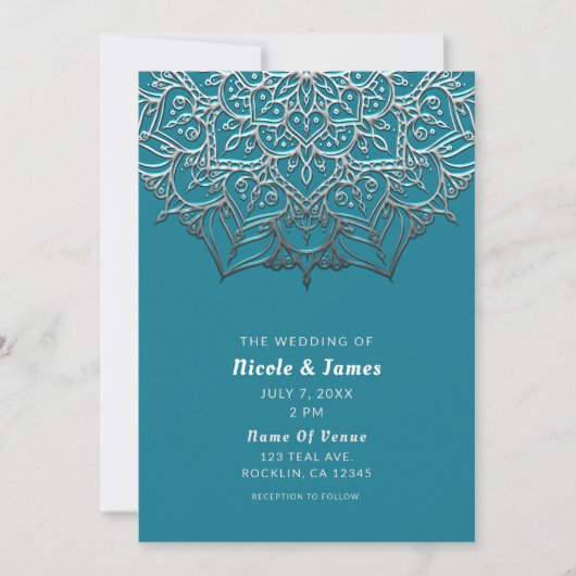 Invitation Turquoise & Silver Mandala Elegant Minimal Mariage (Devant)