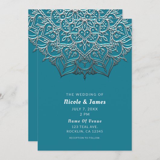 Invitation Turquoise & Silver Mandala Elegant Minimal Mariage (Devant / Derrière)