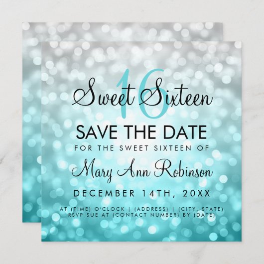 Invitation Turquoise Silver Ombre Sweet 16 Parties scintillan (Devant / Derrière)