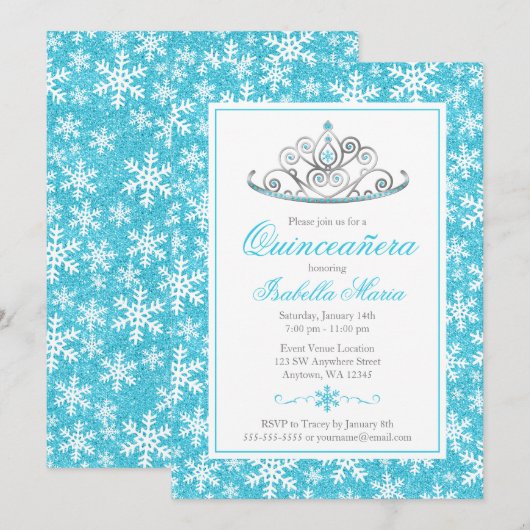 Invitation Turquoise Silver Princess Winter Wonderland Quince (Devant / Derrière)