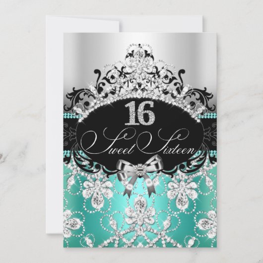 Invitation Turquoise Silver Sweet 16 Sparkle Tiara Anniversai (Devant)
