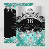 Invitation Turquoise Silver Sweet 16 Sparkle Tiara Anniversai (Devant / Derrière)