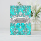 Invitation Turquoise Silver Tiara Damask Quinceanera Invitati (Debout devant)