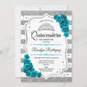 Invitation Turquoise Silver White Stripes Elegant Quinceanera (Devant)