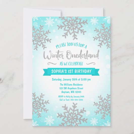 Invitation Turquoise Silver Winter ONE derland 1er anniversai (Devant)