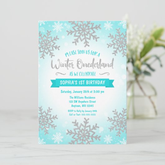 Invitation Turquoise Silver Winter ONE derland 1er anniversai (Debout devant)