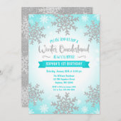 Invitation Turquoise Silver Winter ONE derland 1er anniversai (Devant / Derrière)