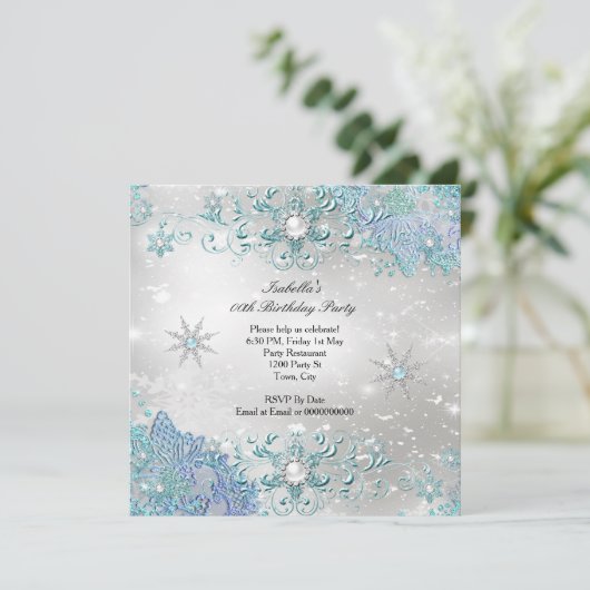 Invitation Turquoise Silver Winter Wonderland Snowflakes Part (Debout devant)