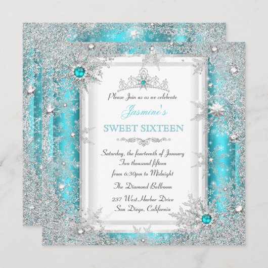 Invitation Turquoise Silver Winter Wonderland Sweet 16 Snowfl (Devant / Derrière)