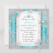 Invitation Turquoise Silver Winter Wonderland Sweet 16 Snowfl (Devant)