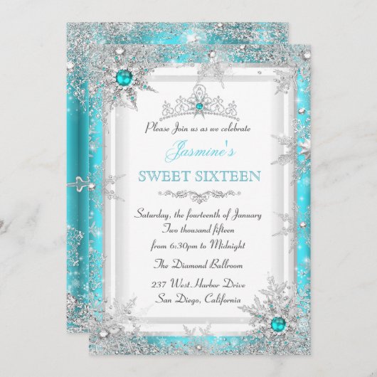 Invitation Turquoise Silver Winter Wonderland Sweet 16 Snowfl (Devant / Derrière)