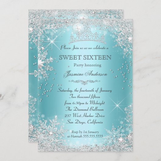 Invitation Turquoise Silver Winter Wonderland Sweet 16 Tiara (Devant / Derrière)