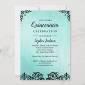 Invitation Turquoise Sparkle Damask Photo Quinceanera (Dos)