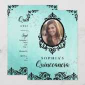 Invitation Turquoise Sparkle Damask Photo Quinceanera (Devant / Derrière)