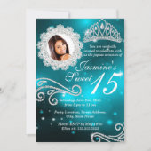 Invitation Turquoise Sparkle Diamond Tiara Photo Quinceanera (Devant)