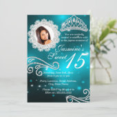 Invitation Turquoise Sparkle Diamond Tiara Photo Quinceanera (Debout devant)