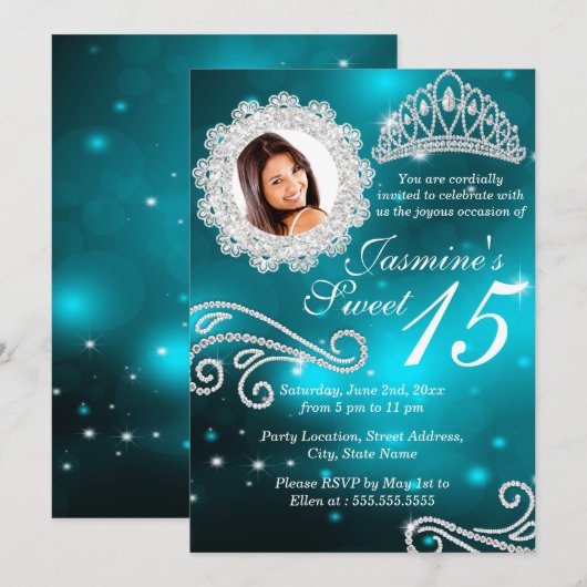 Invitation Turquoise Sparkle Diamond Tiara Photo Quinceanera (Devant / Derrière)