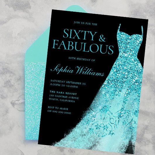 Invitation Turquoise Sparkle Gown & Black 60e anniversaire