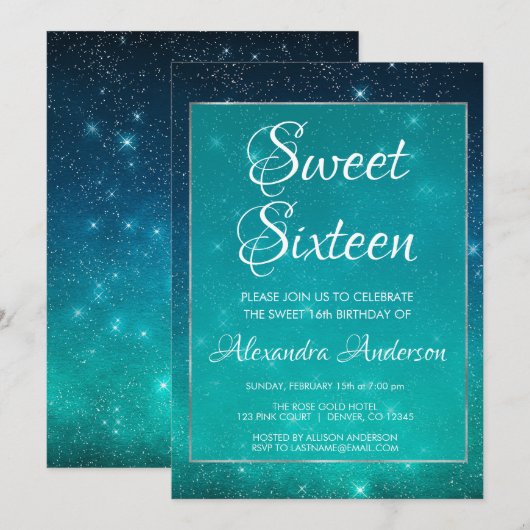 Invitation Turquoise Sparkle Sky Sweet 16 Anniversaire Invita (Devant / Derrière)