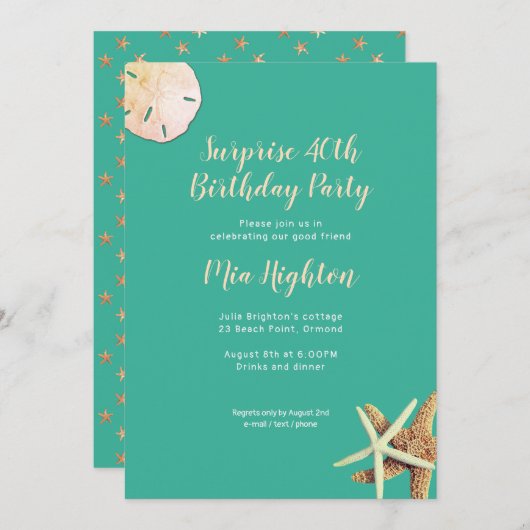 Invitation Turquoise Starfish Surprise fête d'anniversaire (Devant / Derrière)