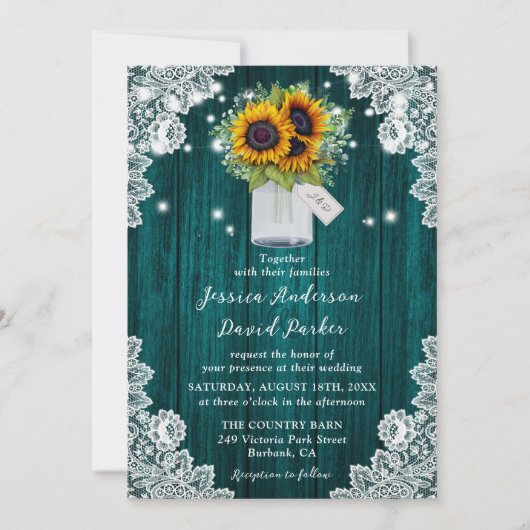 Invitation Turquoise Sunflower Denton Mason Jar Mariage (Devant)