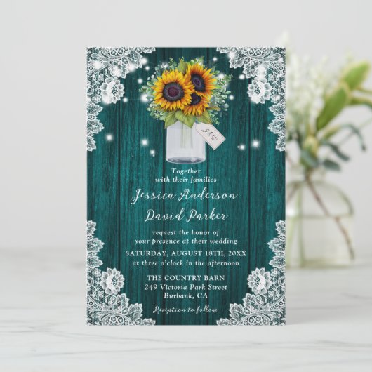 Invitation Turquoise Sunflower Denton Mason Jar Mariage (Debout devant)