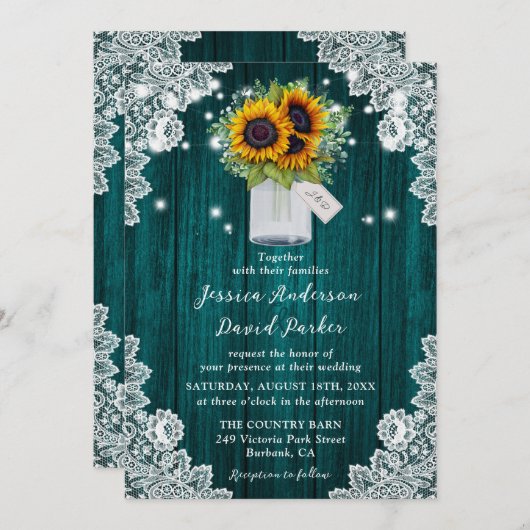 Invitation Turquoise Sunflower Denton Mason Jar Mariage (Devant / Derrière)