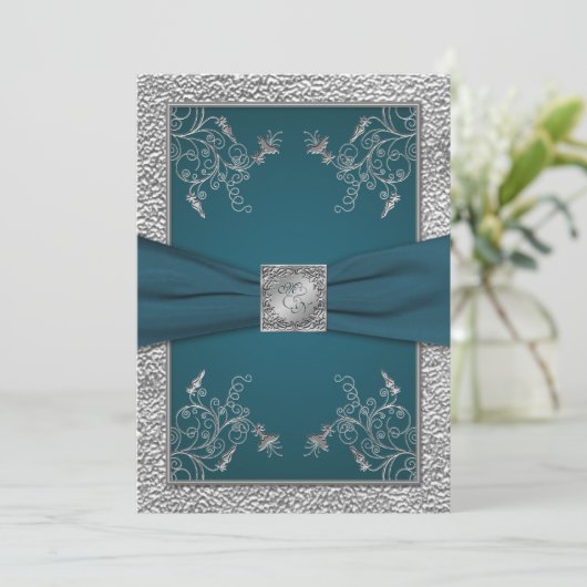 Invitation Turquoise sur FAUX Pewter Monogram Mariage Invitat (Debout devant)