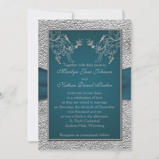 Invitation Turquoise sur FAUX Pewter Monogram Mariage Invitat (Dos)