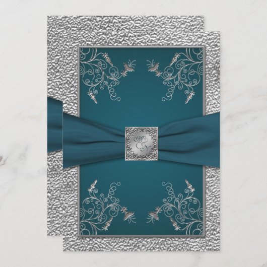 Invitation Turquoise sur FAUX Pewter Monogram Mariage Invitat (Devant / Derrière)