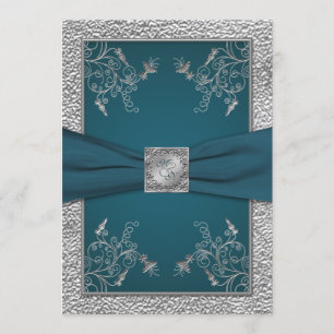 Invitation Turquoise sur FAUX Pewter Monogram Mariage Invitat