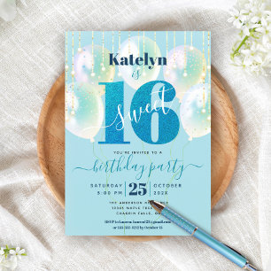Invitation Turquoise Sweet 16 Ballon Anniversaire Glitter Scr