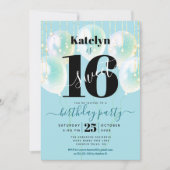 Invitation Turquoise Sweet 16 Ballons d'anniversaire Script G (Devant)