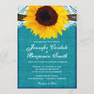 Invitation Turquoise tournesol Mariage campagnard rustique In