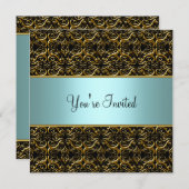 Invitation Turquoise Toutes les occasions Black Damask Party (Devant / Derrière)