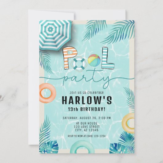 Invitation Turquoise Tropical Summer Fun Pool Party Anniversa (Devant)