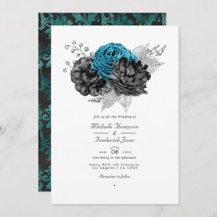 Invitation Turquoise - Turquoise Black and Silver Floral Mari