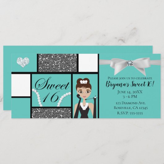 Invitation Turquoise Turquoise & Blanc Bow Sweet 16 Anniversa (Devant / Derrière)