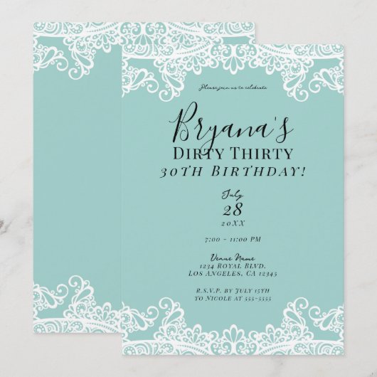 Invitation Turquoise Turquoise Blanche dentelle sale 30 30e a (Devant / Derrière)