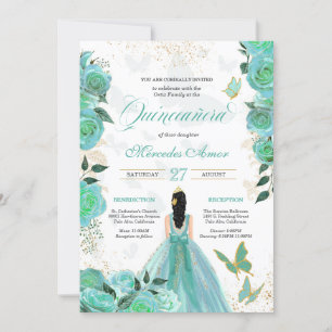 Invitation Turquoise Turquoise Bleu Rose Butterfly Quinceaner