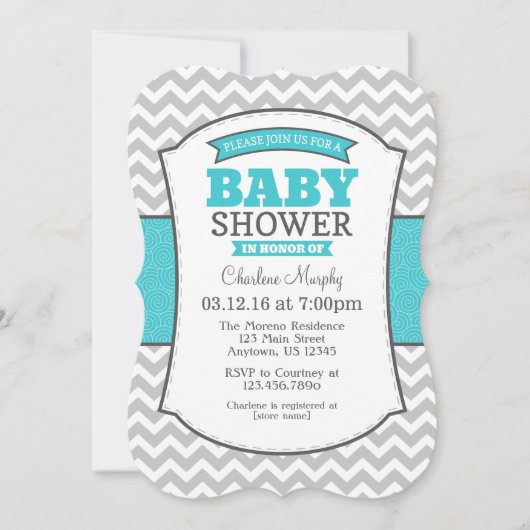 Invitation Turquoise Turquoise Gris Chevron Baby shower Invit (Devant)