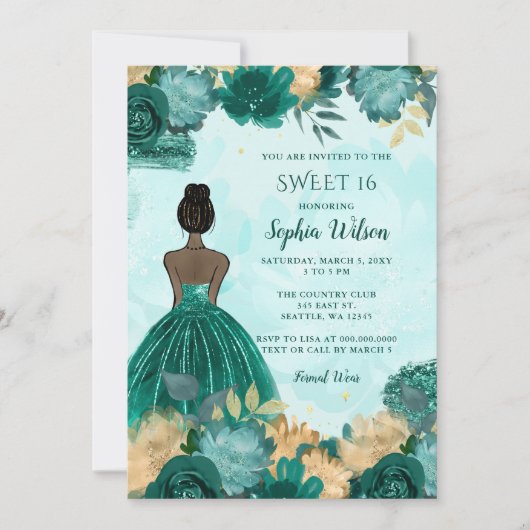 Invitation Turquoise Turquoise Or Floral Princess Sweet 16 (Devant)