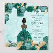 Invitation Turquoise Turquoise Or Floral Princess Sweet 16 (Devant / Derrière)